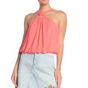 Free People Just A Fling Coral Electric Halter Ring Ribbed Bubble Tank Top Sz L